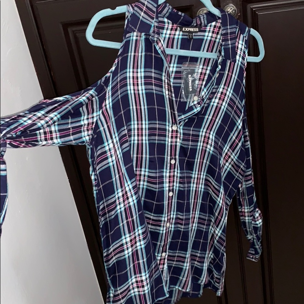 NEW! Express off the shoulder flannel shirt